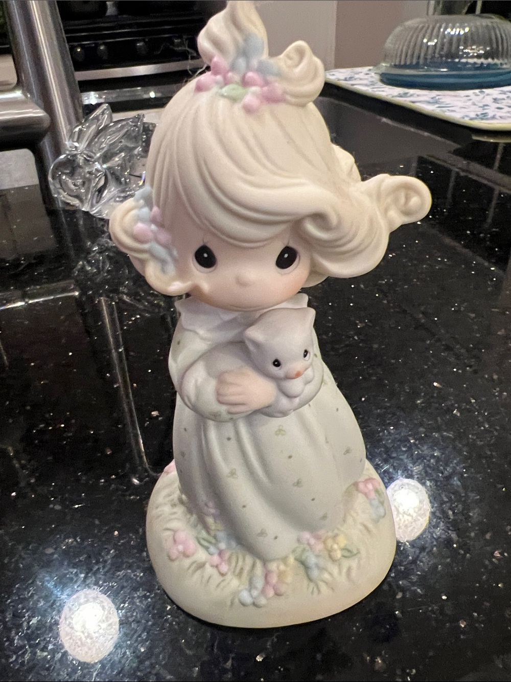 Precious Moments Cream Porcelain Girl Figurine with Kitten and Pastel Flowers